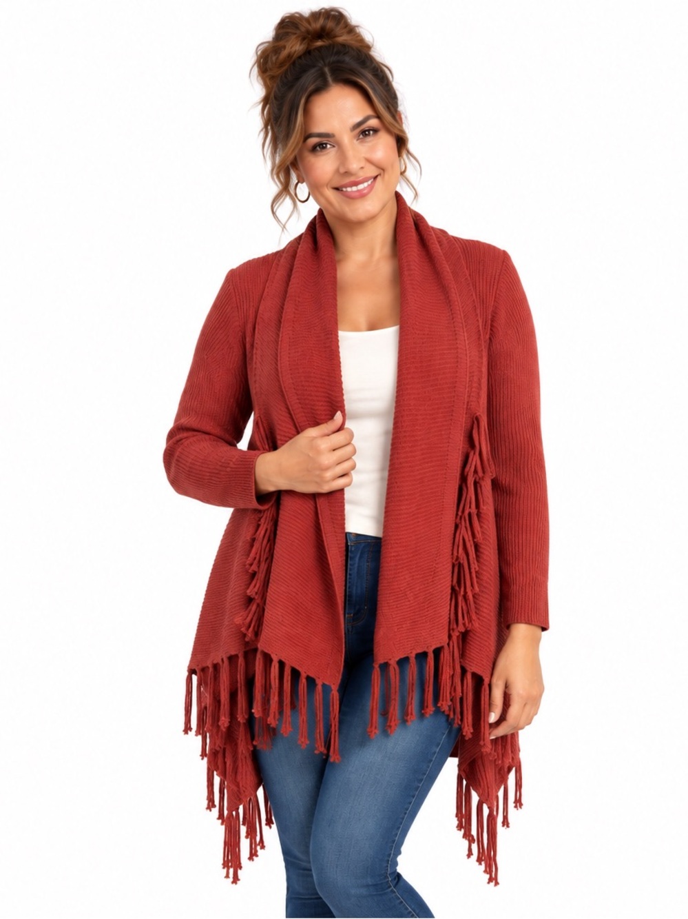 L Love Cardigan Size S Rust Fringe Waterfall Open Front